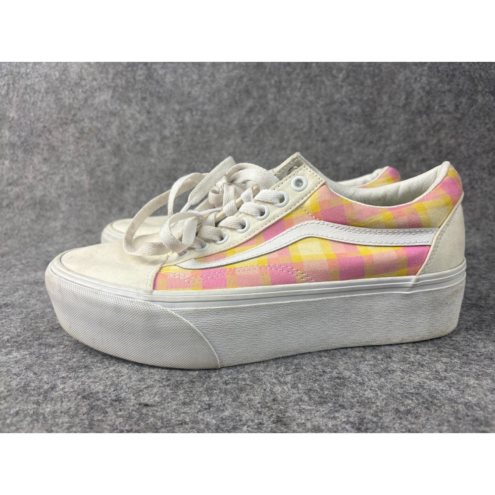 Vans Old Skool Stacked Sneakers Womens 9 Pink Yellow Gingham Platform Shoes